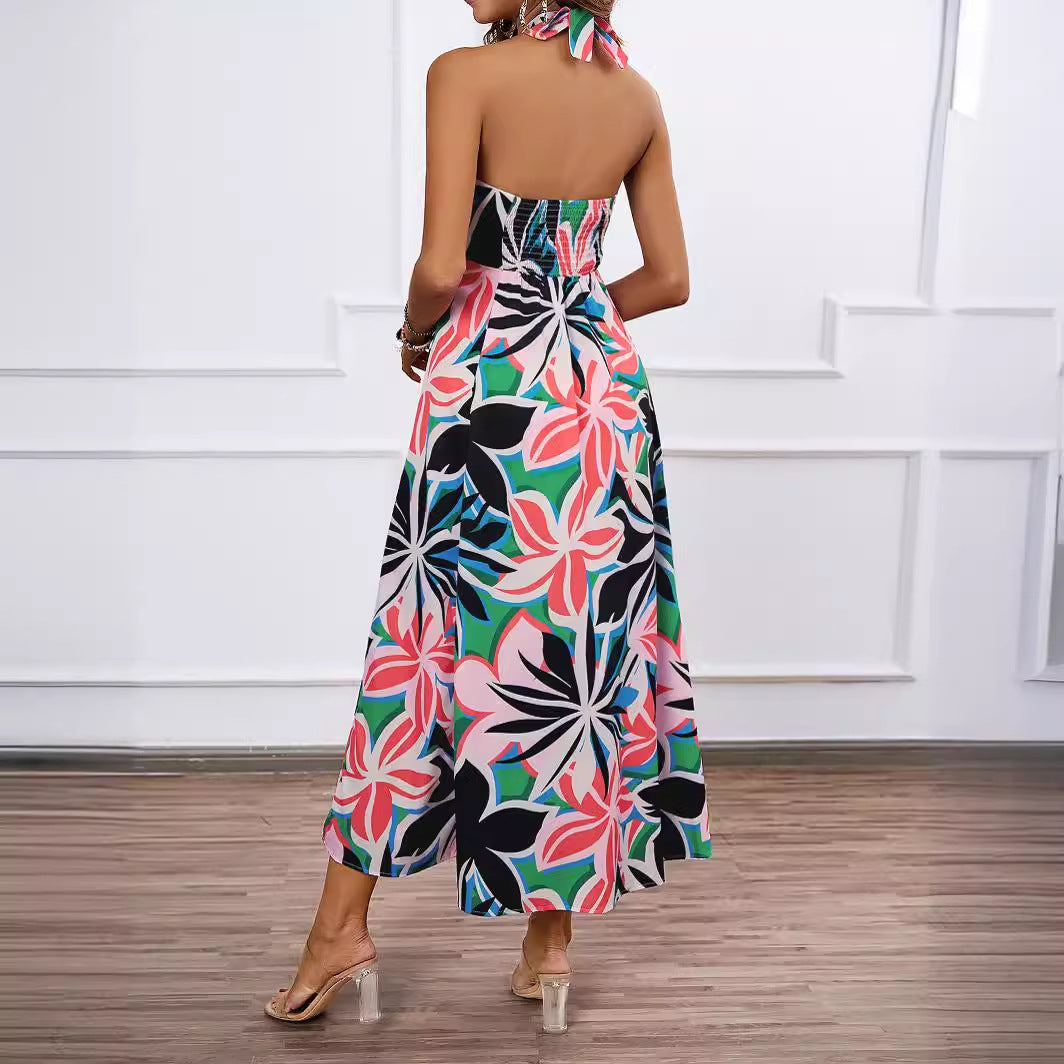 Women's maxi bustier dress with floral accents and elastic top Lune London