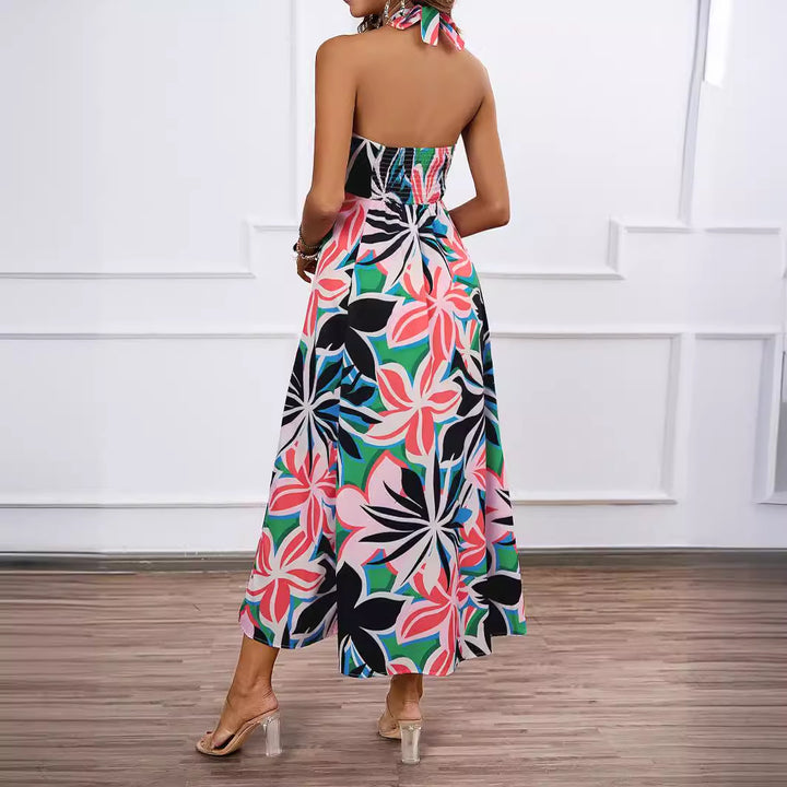 Women's maxi bustier dress with floral accents and elastic top Lune London