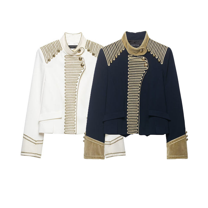 Ladies Military Inspired Short Jacket with Golden Cord Decoration and Velvet Cuffs Amarae