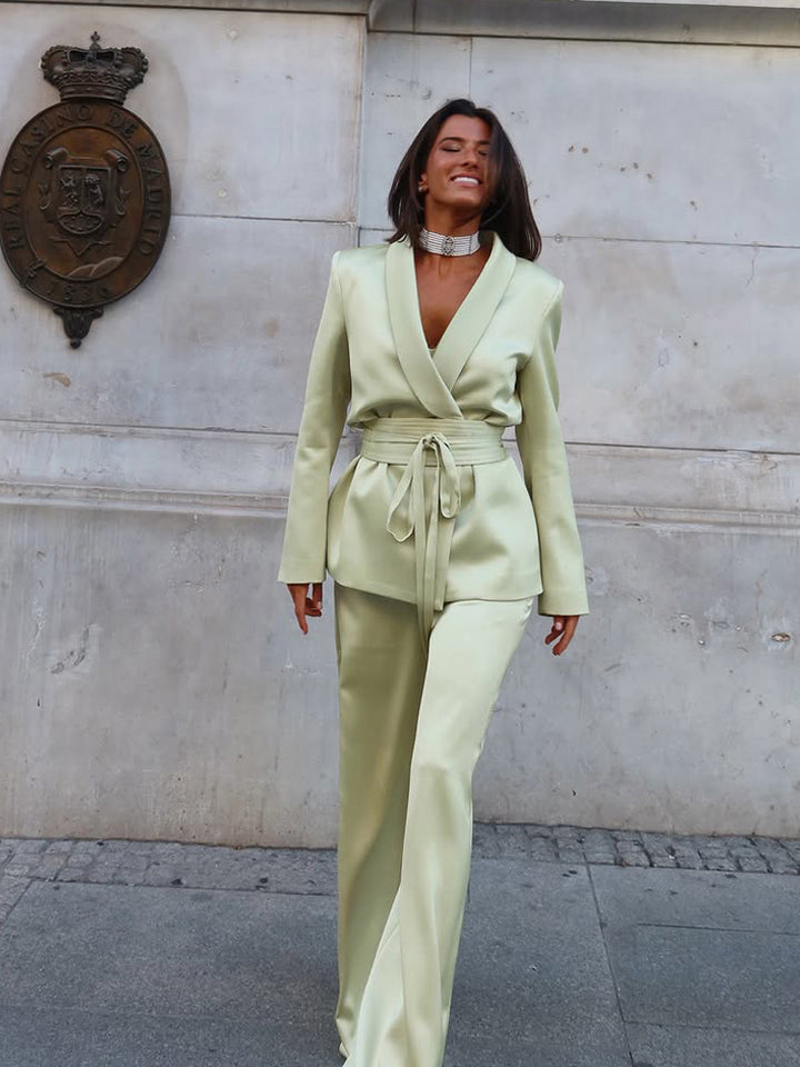 Women's Satin Two-Piece with Fitted Wrap Blazer and Wide Palazzo Pants Amarae