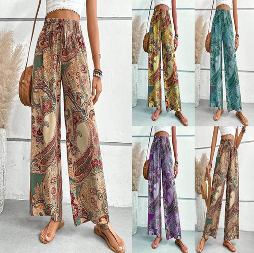 Wide Palazzo pants for women with paisley floral pattern and elastic waist Amarae