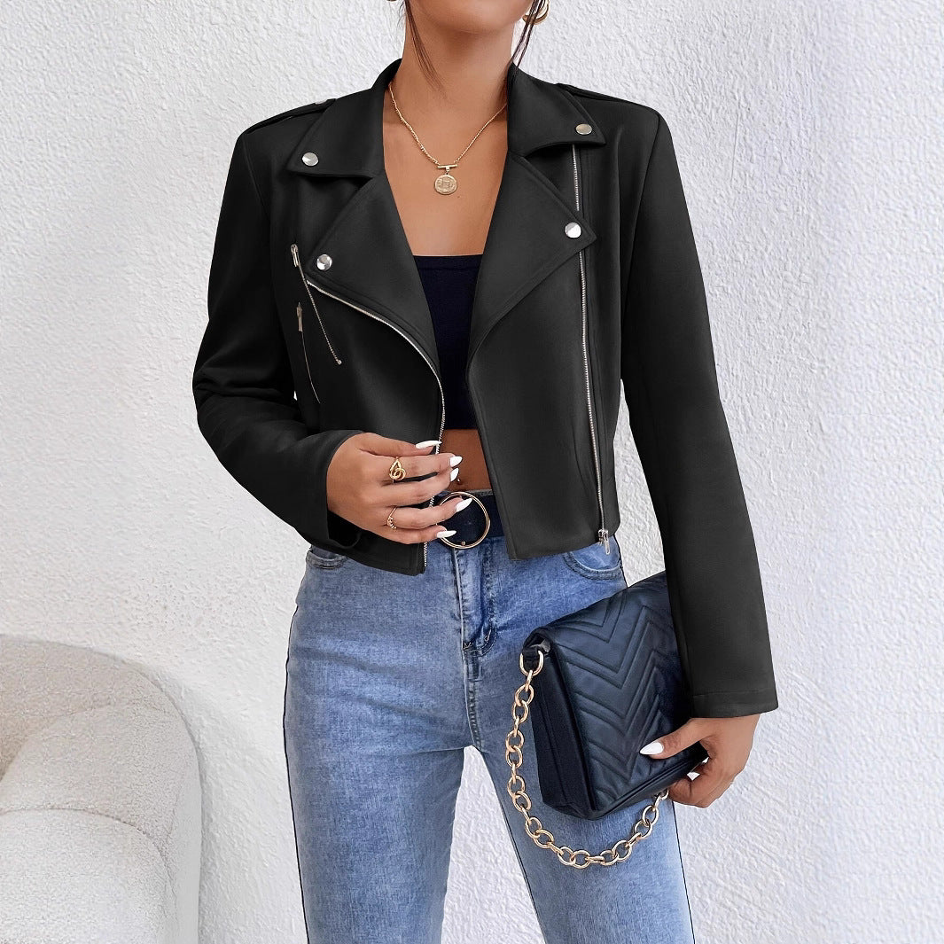 Ladies Stylish Faux Leather Biker Jacket with Asymmetrical Zipper Lune London