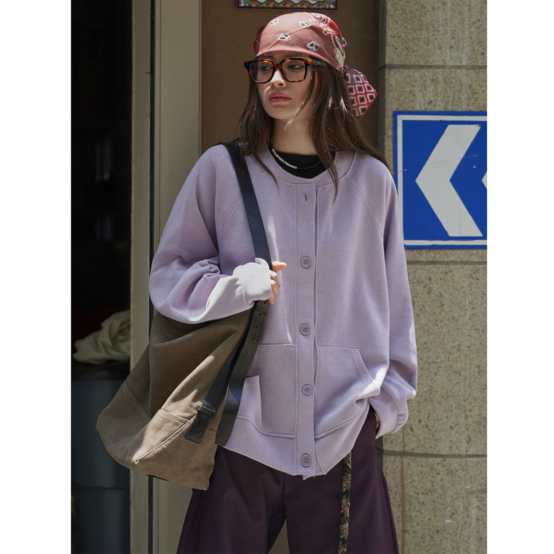 Women Loose Sweat Jacket Cardigan with Button Placket and Kangaroo Pocket Amarae