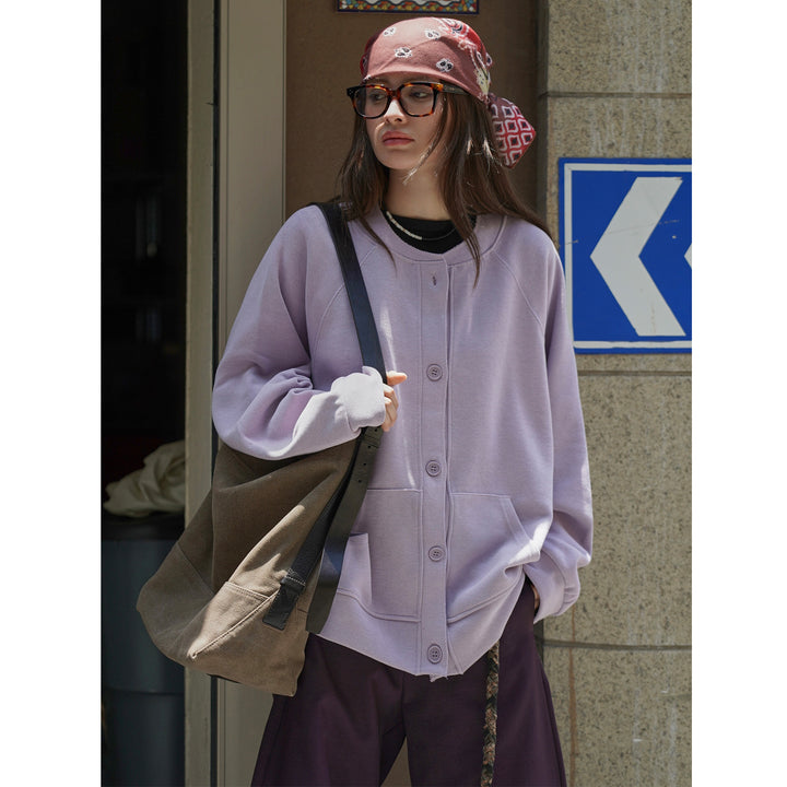 Women Loose Sweat Jacket Cardigan with Button Placket and Kangaroo Pocket Amarae