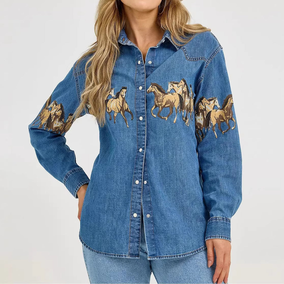 Ladies' denim shirt with creative horse design and high-quality cotton blend Lune London