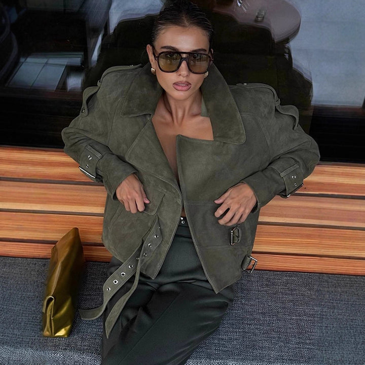 Ladies short jacket made of suede look with waist belt, buckles & oversized collar Amarae