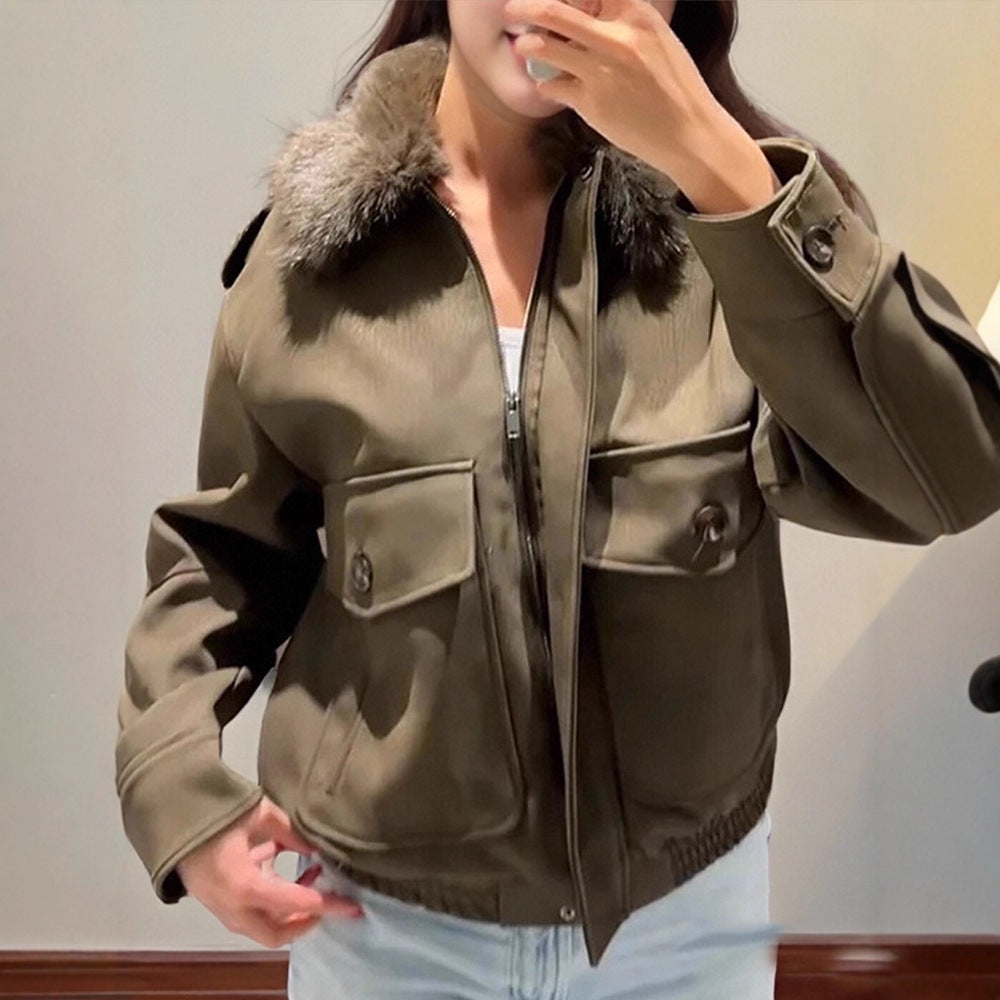 Women's pilot jacket made of suede imitation with removable faux fur collar and patch flap pockets Amarae