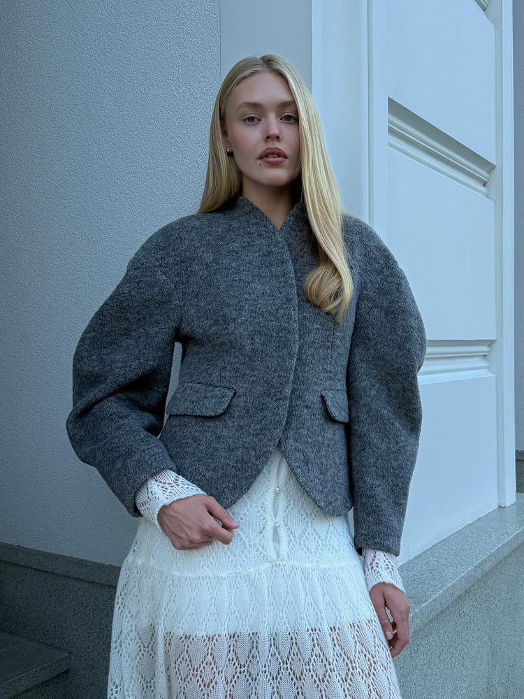 Women's Oversized Wool Blend Jacket with Balloon Sleeves and Curved Hem