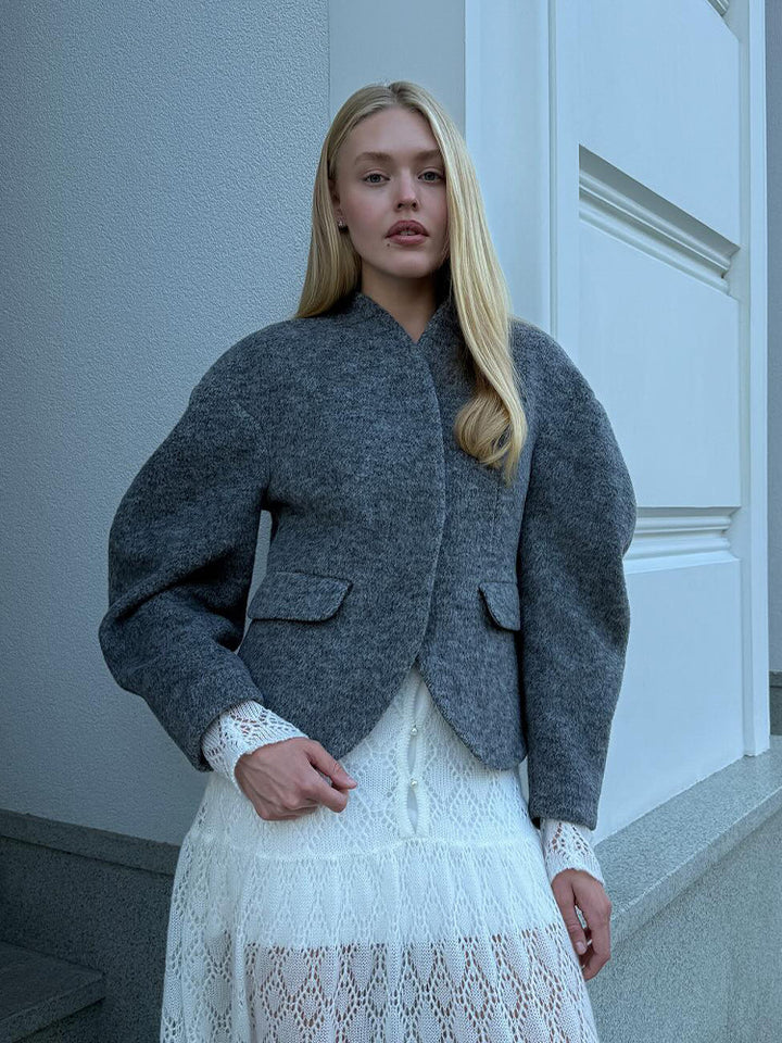 Women's Oversized Wool Blend Jacket with Balloon Sleeves and Curved Hem