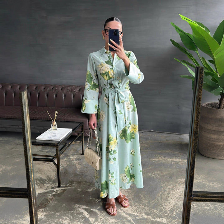 Maxi dress for women with floral patterns and wrapped belt Lune London
