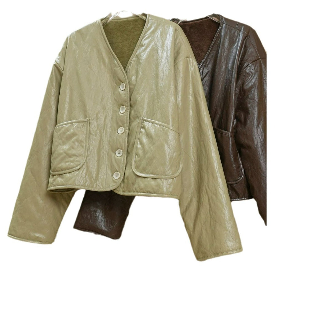 Ladies Boxy Faux Leather Jacket with Quilted Look and Teddy Lining Amarae