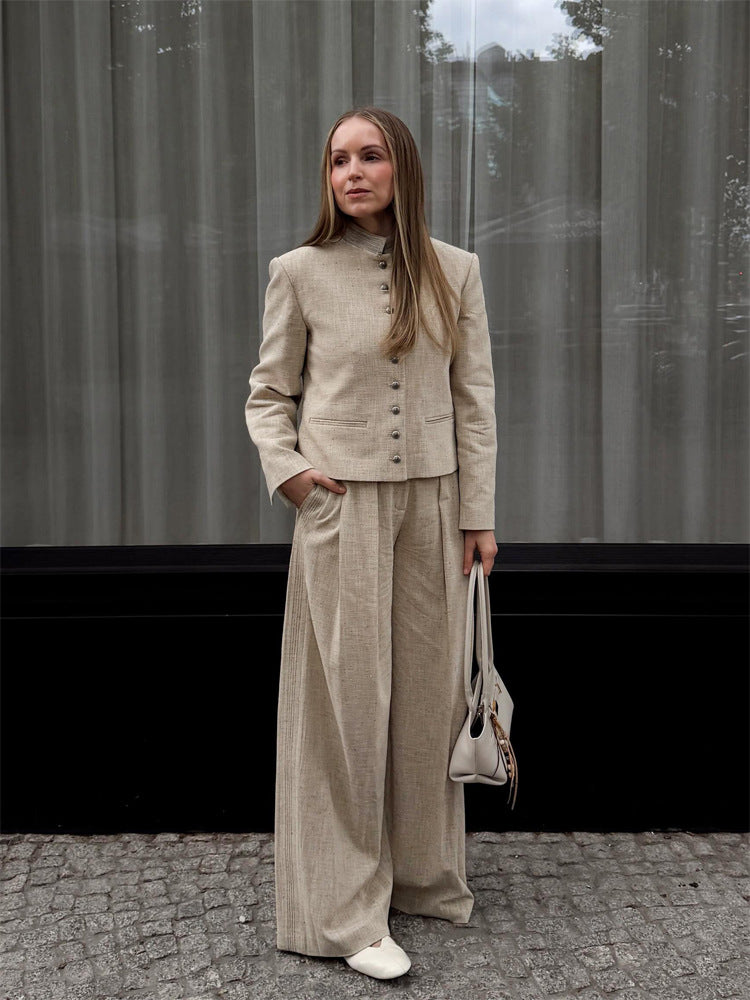 Women's stand collar jacket with metal buttons and wide pleated trousers Amarae