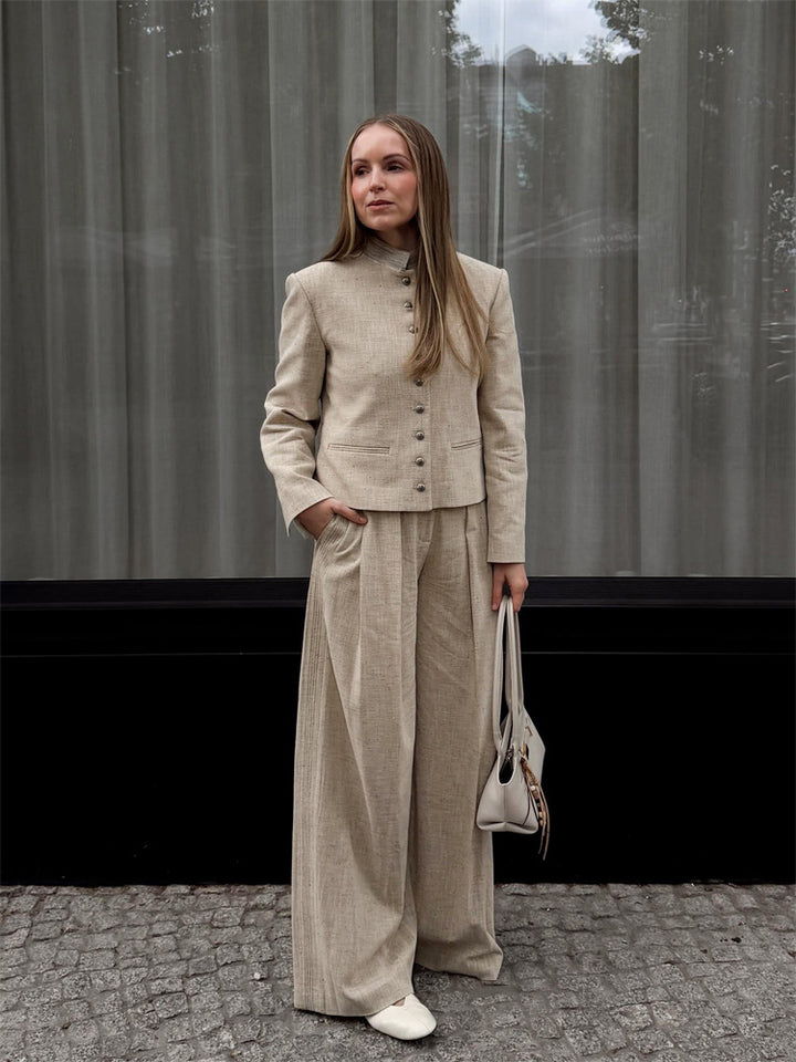 Women's stand collar jacket with metal buttons and wide pleated trousers Amarae