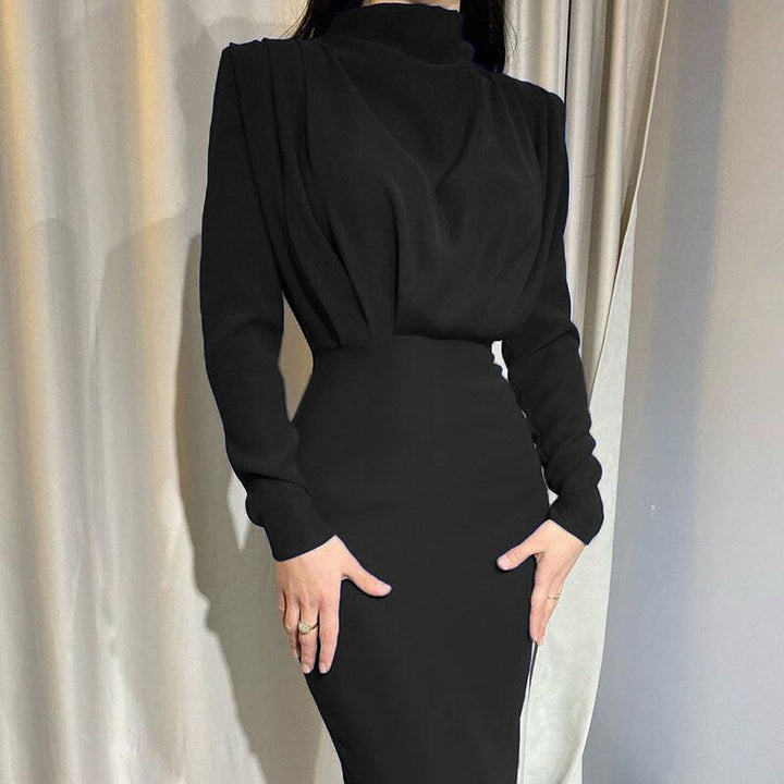 Women Elegant Fitted Dress with High Neck and Ruffles Lune London