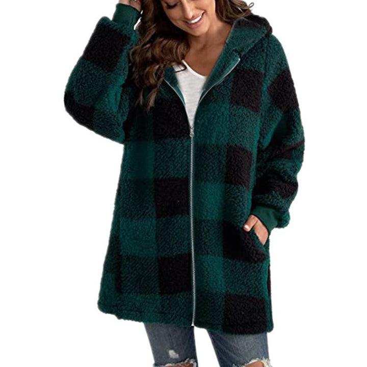 Women's Checked Teddy Fleece Coat with Hood and Zipper Amarae