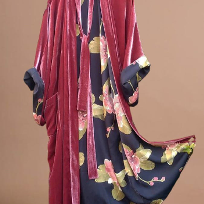 Chic Und Stil | Satin Digital Floral Waist Belt Cardigan Pajamas
