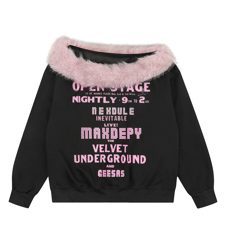 Women's oversized sweatshirt with faux fur collar, soft inner lining and typographic statement print Amarae
