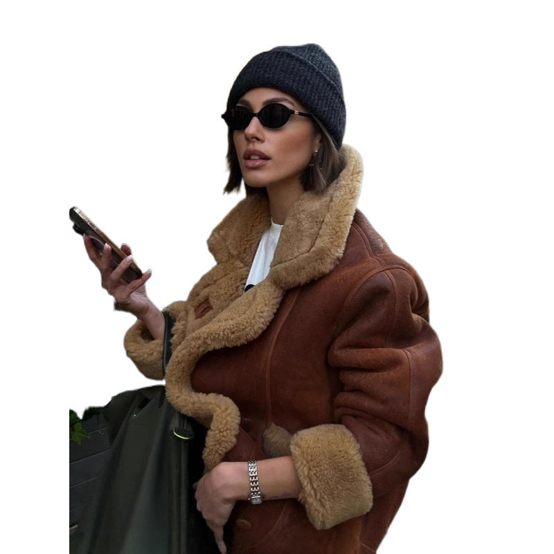 Women's Oversize Sheepskin-Look Aviator Jacket with Voluminous Shawl Collar Amarae