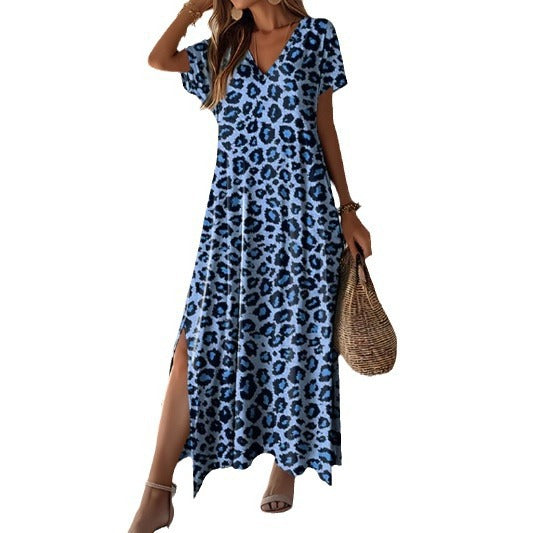 Women's Maxi Dress in Trendy Animal Print with Modern V Neck and Side Slits Lune London