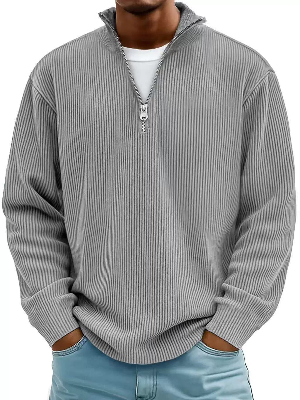 Men's ribbed knit pullover with half-zip and stand-up collar Amarae