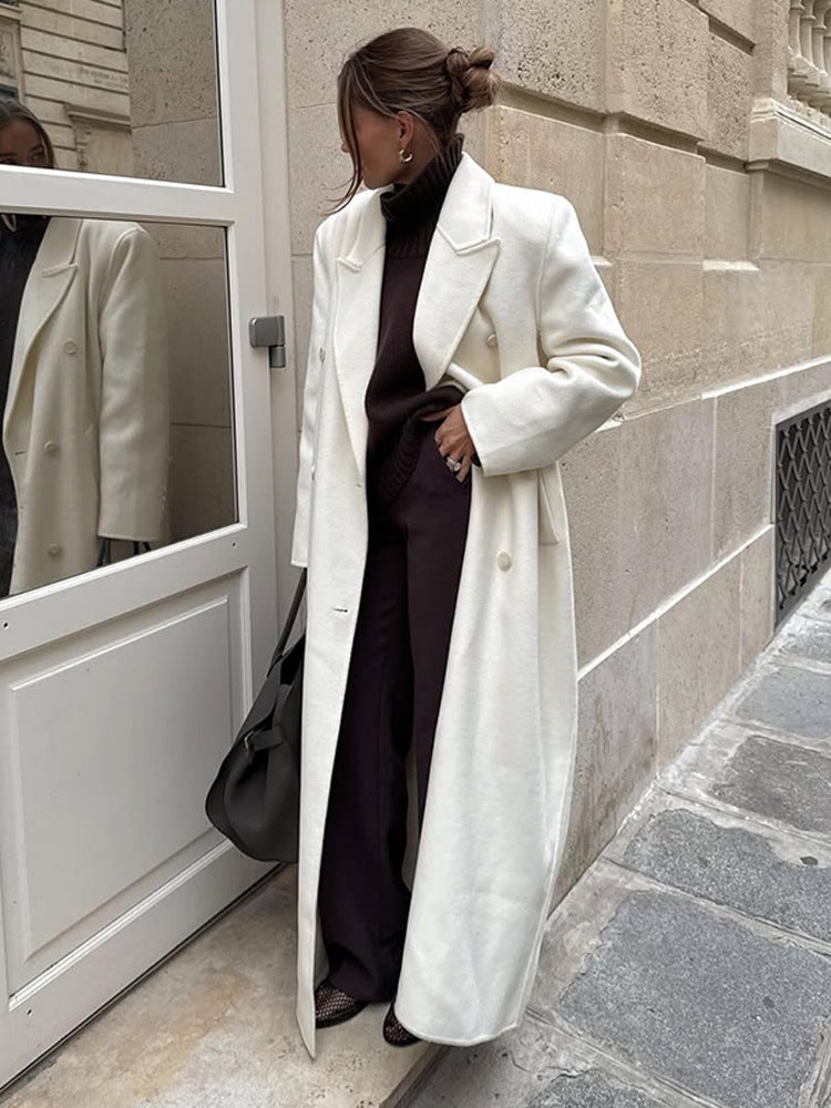 Women's Maxi Double-Breasted Wool Blend Coat with Oversized Cut and Lapel Collar Amarae