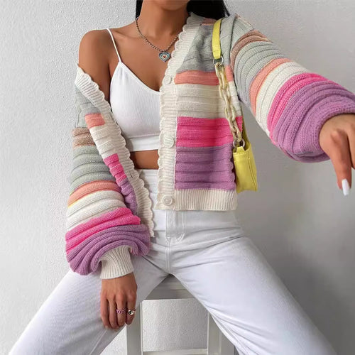 Lady cardigan with a modern striped pattern and voluminous sleeves Amarae
