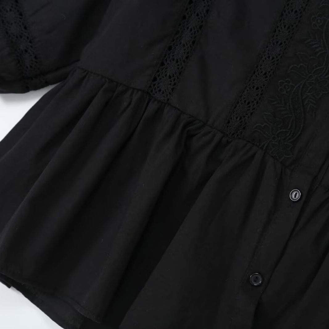 Women's Lace Trim Blouse Tunic with Button Placket and Balloon Sleeves Amarae