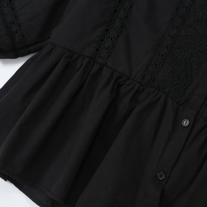 Women's Lace Trim Blouse Tunic with Button Placket and Balloon Sleeves Amarae
