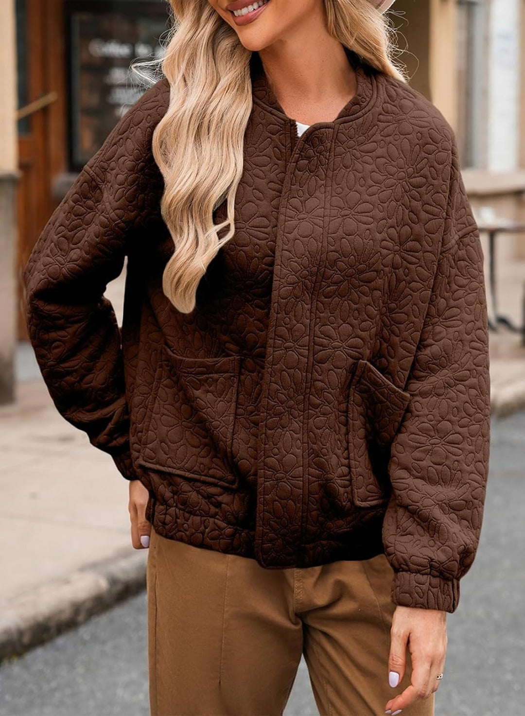 Quilted bomber jacket for women with floral design and practical pockets Lune London