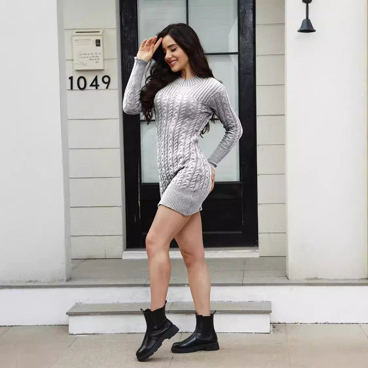 Knit dress for women with an elegant cable design and a comfortable round neck Lune London