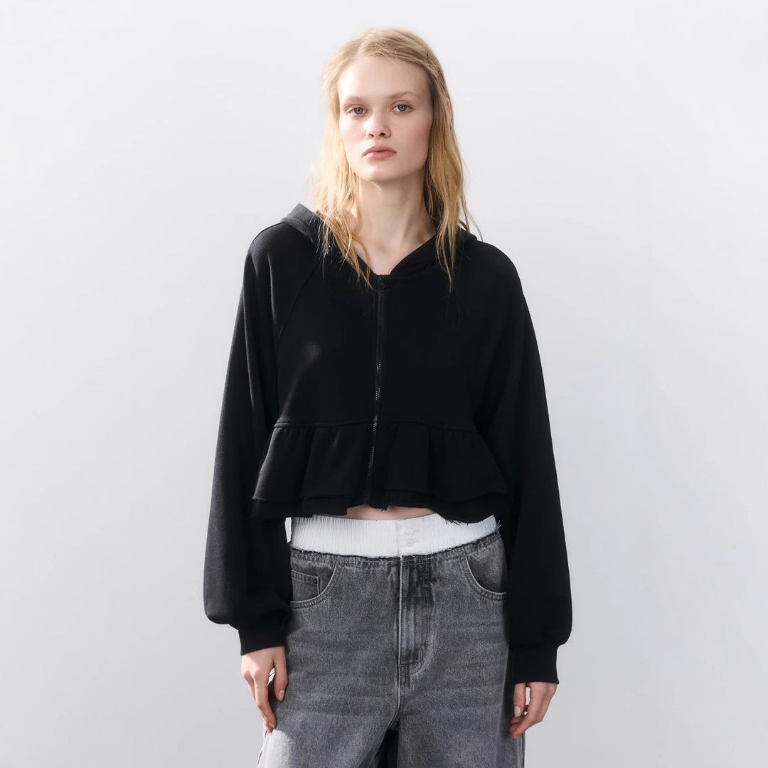 Cropped hoodie for women with a playful ruffle design Lune London