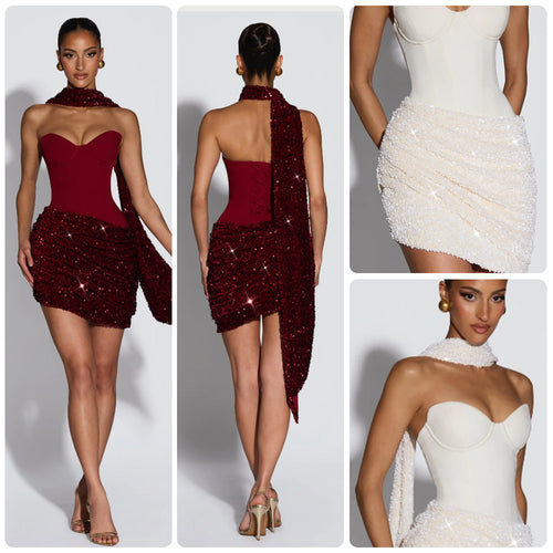 Ladies Glamorous Mini Dress with Figure-Hugging Bustier Top and Impressive Sequin Skirt Amarae