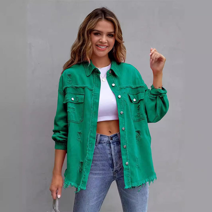 Oversized denim jacket for women with frayed edges and patch pockets Lune London