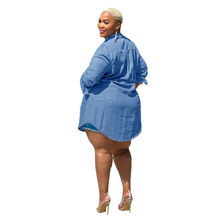 Ladies Oversized Denim Shirt Blouse in Longline Cut with Rolled Sleeves and Breast Pockets Amarae