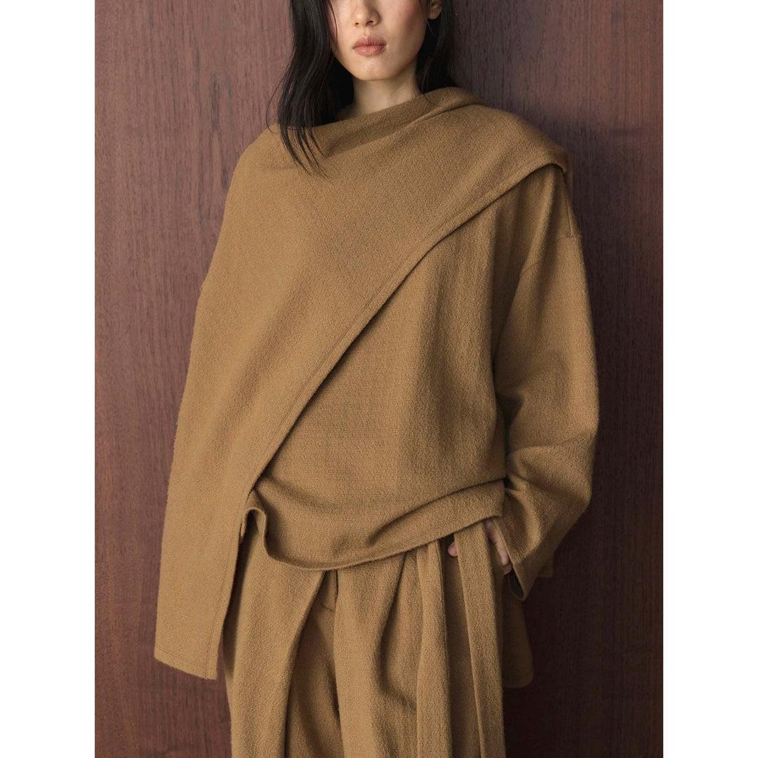 Women Asymmetric Wool Blend Poncho with Wide Boat Neck and Layered Look Amarae