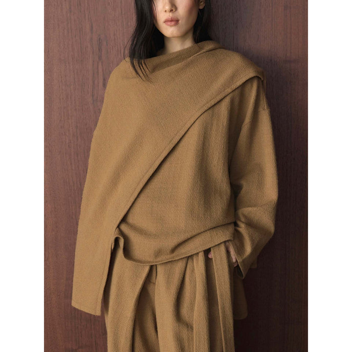 Women Asymmetric Wool Blend Poncho with Wide Boat Neck and Layered Look Amarae