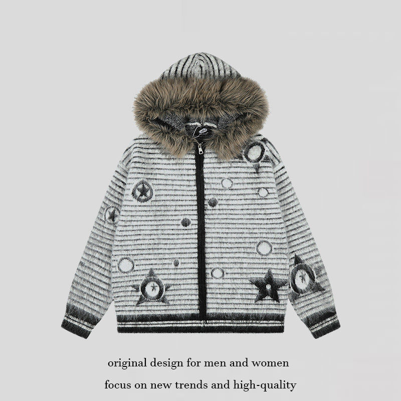 Women's Hooded Cardigan with Fur Trim, Striped Mohair Look and Star Appliqués Amarae