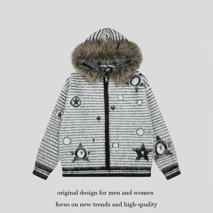 Women's Hooded Cardigan with Fur Trim, Striped Mohair Look and Star Appliqués Amarae
