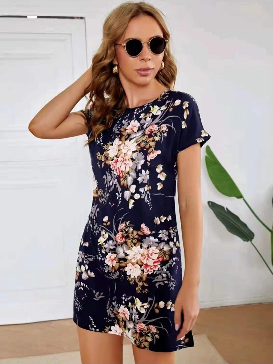 Ladies Short Sleeve Floral Print Tunic Dress Lune London