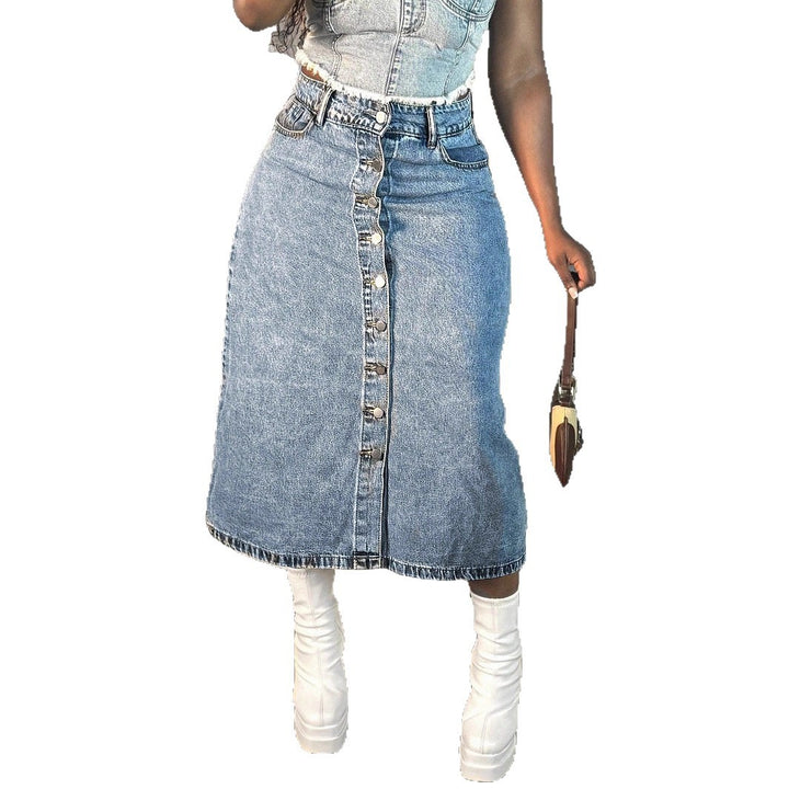 Ladies mid-length denim skirt with continuous button placket and high-waisted A-line cut Amarae