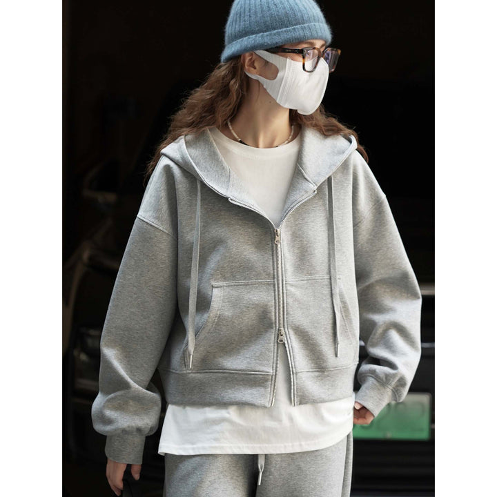 Women's Short Cut Boxy Hooded Sweat Jacket with Two-Way Zip Amarae