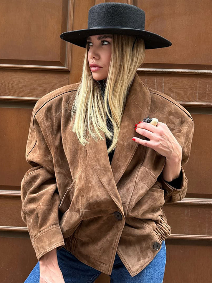 Oversized suede leather jacket for women with a modern cut and practical pockets Lune London