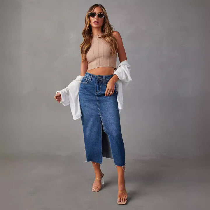 Women's high-cut denim mid skirt with side slit and frayed hems Lune London