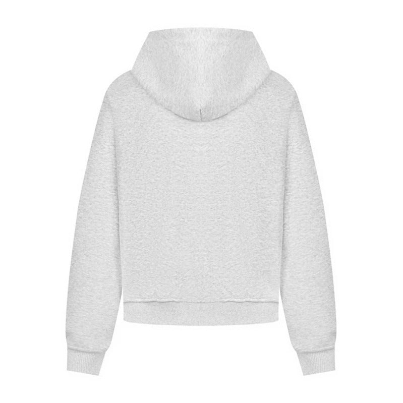 Women's hooded sweat jacket with oversized buttons, striped inner lining, and ribbed cuffs.