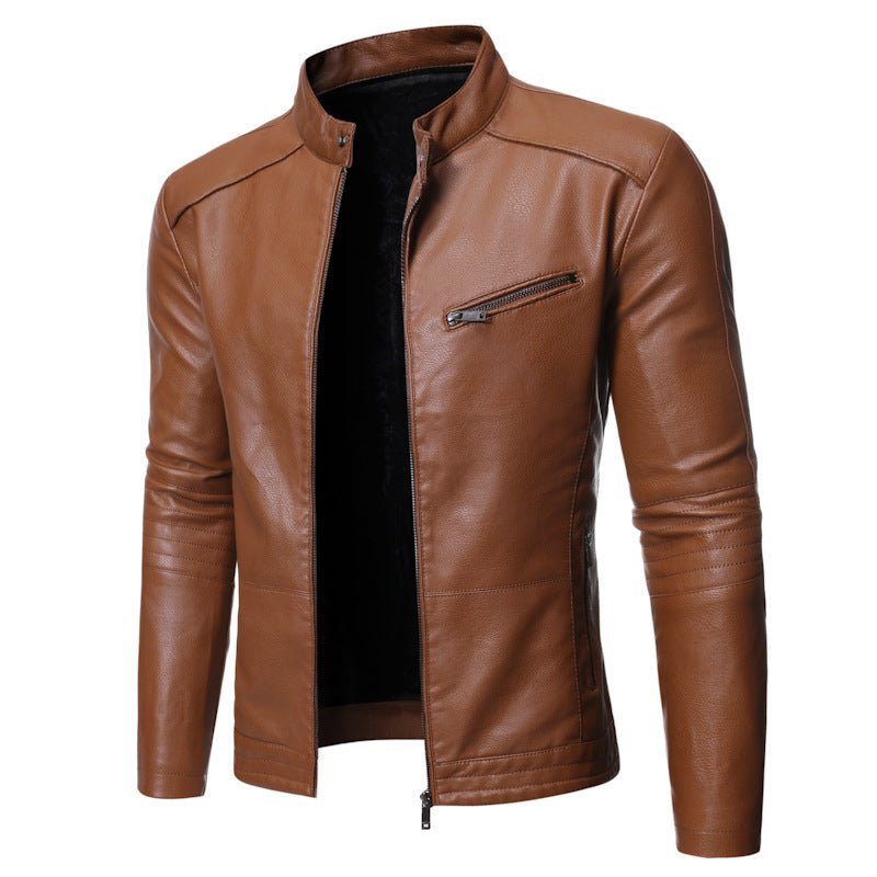 Stylish leather jacket for men with a high collar and practical zippered pockets Lune London
