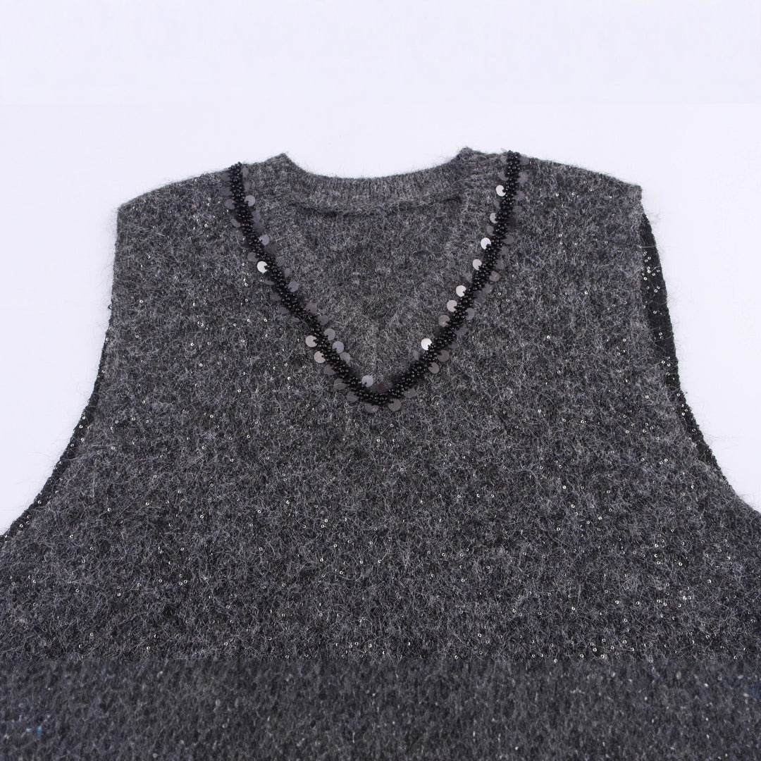 Women's Sleeveless Mohair-Look Knitted Vest with V-Neck and Decorative Sequins Amarae