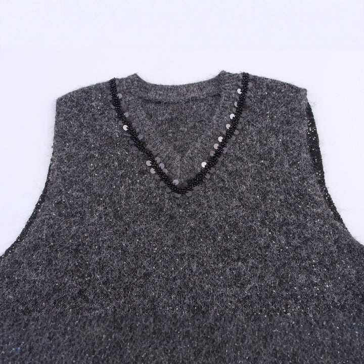 Women's Sleeveless Mohair-Look Knitted Vest with V-Neck and Decorative Sequins Amarae