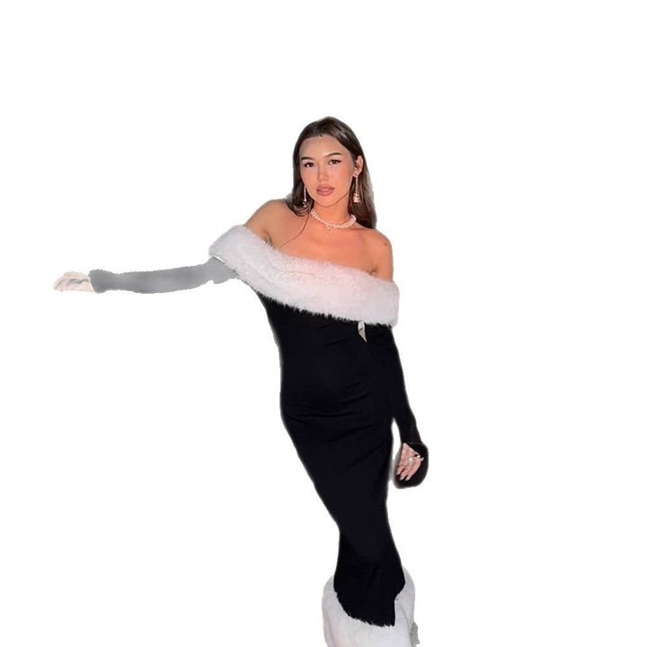 Women's fitted off-shoulder midi dress with faux fur trim at neckline and hem Amarae