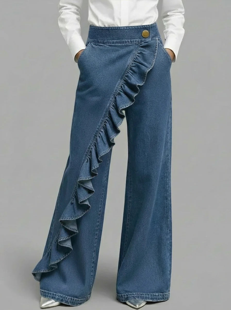 Women's Wide Jeans Pants with Ruffle Detail Chic & Stil
