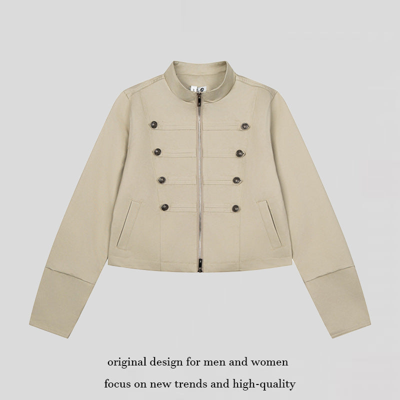Women's short tailored military jacket with stand-up collar, decorative button rows, and two-way zipper Amarae